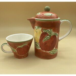 April Cornell Ceramic Individual Tea Pot & Cup Fruit Apple Vintage